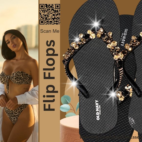 Flip Flops, Leopard, Cheetah Print, Beach Flip Flops, Rhinestones, Shoes, Sandal - Picture 6 of 15